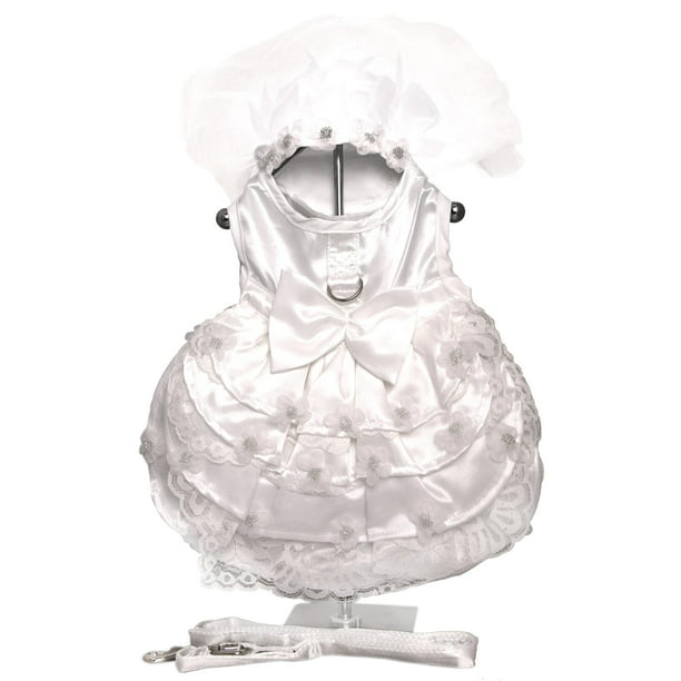 White Satin Dog Wedding Dress Headpiece Leash /& D-Ring